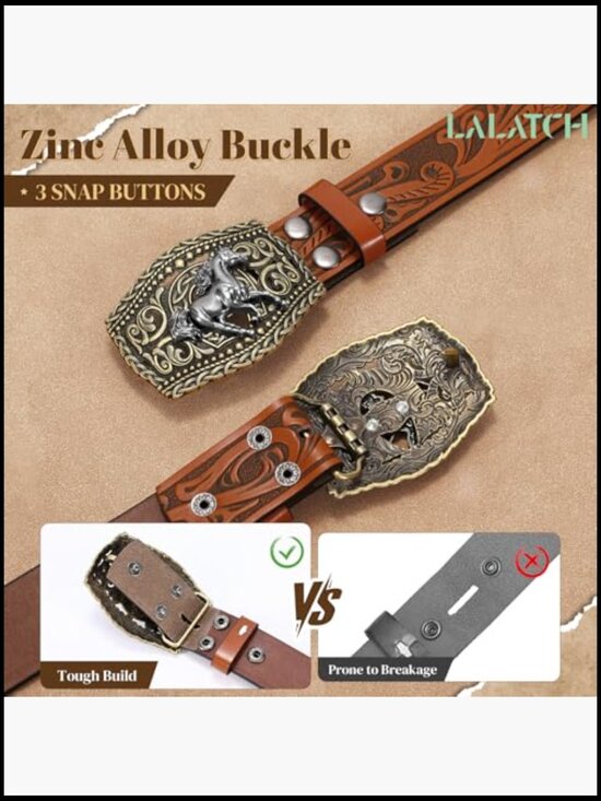 Western Leather Belt with Zinc Alloy Buckle Adjustable Rodeo Cowboy Style main image 5
